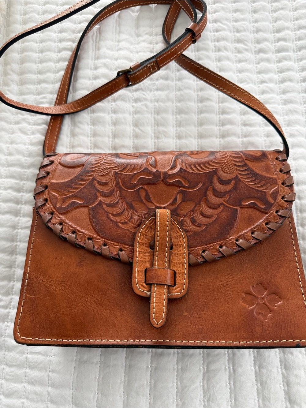 Handtooled Brown Leather Crossbody Bag